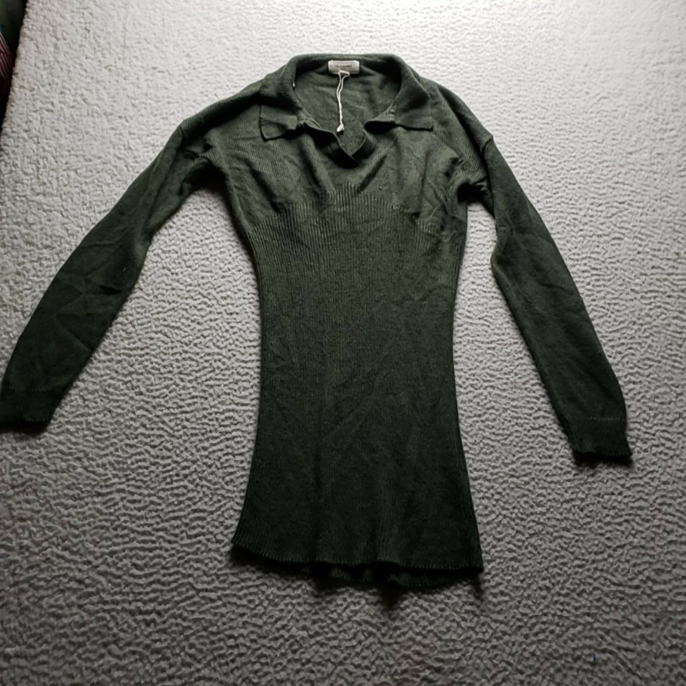 No Comment Sweater Womens Small Green Collared Long Sleeve Knit Slim Pullover